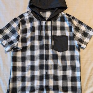SHEIN Black and White Checkered Hooded Shirt